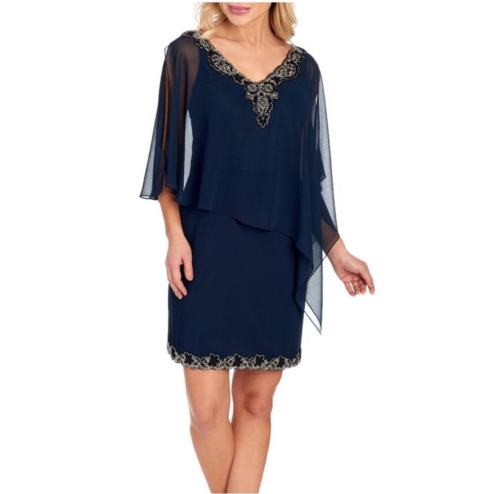J Kara Beaded Chiffon Poncho Capelet Sheath Dress Womens 8‎ Blue Wedding Guest